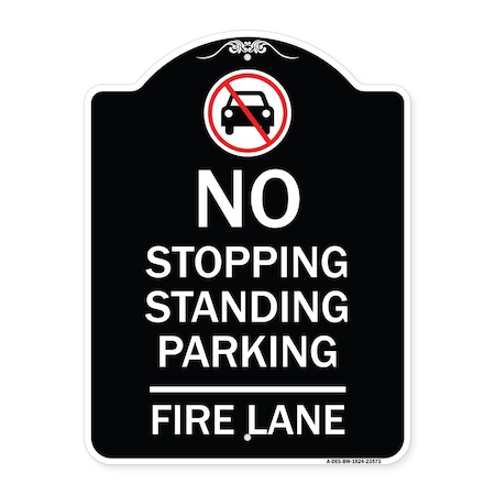 Signmission No Stopping Standing Fire Lane W/ Graphic Heavy-Gauge Aluminum Sign, 24" x 18", BW-1824-23573 A-DES-BW-1824-23573